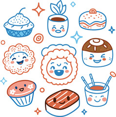 Kawaii Dessert Delight: Charming Cartoon Sweet Treats with Smiling Faces and Playful Doodles for Children's Design and Decor