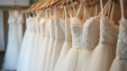 A collection of wedding dresses hang on a rack in a bridal salon