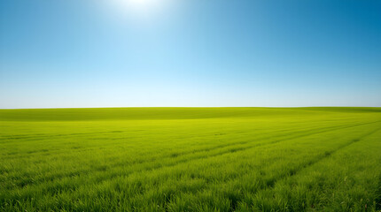 Obraz premium Expansive field of vibrant green grass under a clear blue sky.