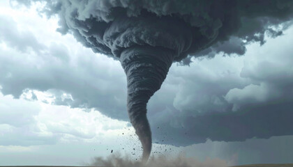 Dramatic tornado forms from swirling dark clouds, creating powerful and intense scene of nature fury over flat landscape, evoking awe and tension