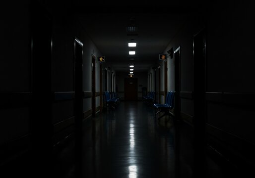 Dimly lit corridor interior with chairs for waiting, for hospitals or businesses