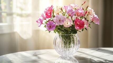 Fototapeta premium Colorful flowers in glass vase on table by window, sunlight