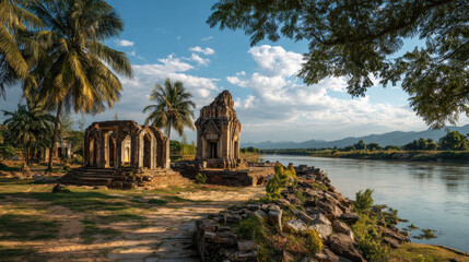 Ancient temple ruins along Mekong River shore create mysterious atmosphere, surrounded by lush palm trees and scenic mountains in background