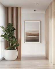 Interior space with a focus on contemporary and functional decor. The combination of light wood, white walls and the presence of a green plant creates a sense of harmony and freshness. Perfect for ill