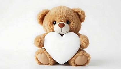 fluffy cute teddy bear with a white heart in his hands with a place for writing on the heart