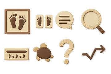 Educational Footprint Icons. 3D icon set of educational footprint posters: poster frame, footprint labels, fact bubble, magnifier
