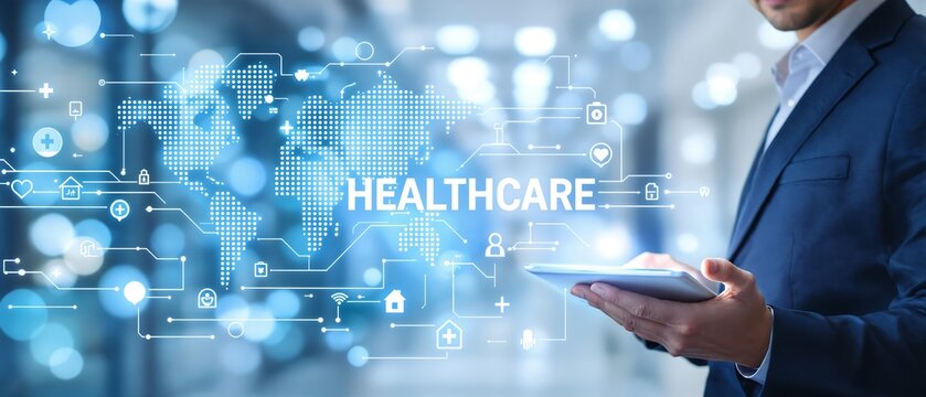 Healthcare Technology Global Network: Man in Suit Using Digital Tablet with Futuristic Medical Interface