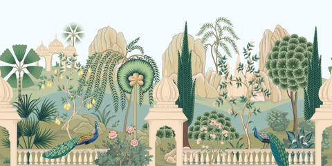 Indian peacock, architecture, palms, trees, plants, roses, mountain, river seamless border. Oriental landscape mural.	