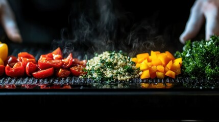 Colorful chopped vegetables on a grill, steaming
