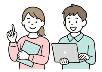 ファイルを持ってアイデアを出す女性とノートパソコンを見る男性のイラスト