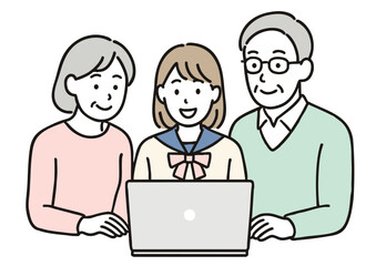 祖父母と女子高生が一緒にパソコンを見る家族の時間