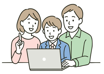 家族でパソコンを操作するスーツ姿の少年（親子の学び・相談）