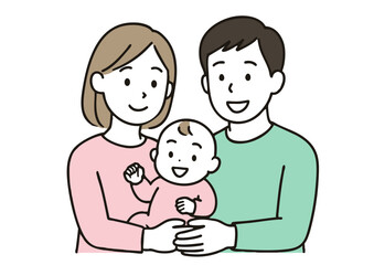 赤ちゃんを囲む若い夫婦の微笑み