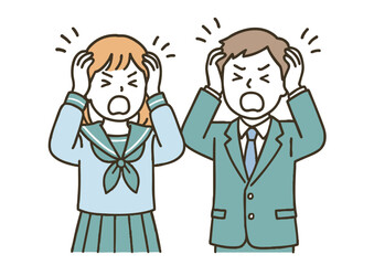 頭を抱えて困る女子高生とブレザーの男子高校生