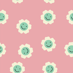 70s seamless vector pattern with vintage daisy or camomile groovy flowers. Psychedelic floral background with smiling faces.