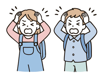 頭を抱えて困る小学生の男の子と女の子