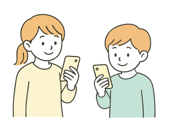 スマートフォンを見る子どもの男女のイラスト
