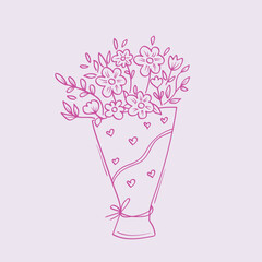 Bouquet in pink color line art style. Whimsical flowers doodle drawing. Valentine's day gift. Vector Illustration