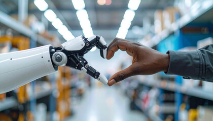 White robot hand and black human hand form heart shape in warehouse, symbolizing connection, technology, and unity between artificial intelligence and humanity