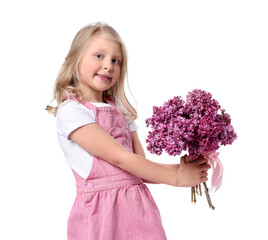 Little girl with bouquet of lilac flowers on white background