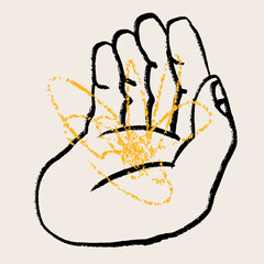 Human hand holding something. Abstract doodle sketchy yellow shape lying in palm. Hand drawn modern Vector illustration. Isolated design element. Poster, print, sticker template. Care, support concept