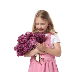 Little girl with bouquet of lilac flowers on white background