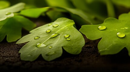 Fresh Green Leaves with Water Droplets on Surface Captured in Nature with Macro Photography Detail