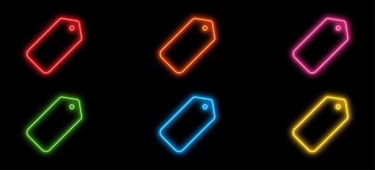 Vibrant neon price tag vector icons set glowing on a dark background, perfect for modern digital marketing, e-commerce sales, and promotional banners