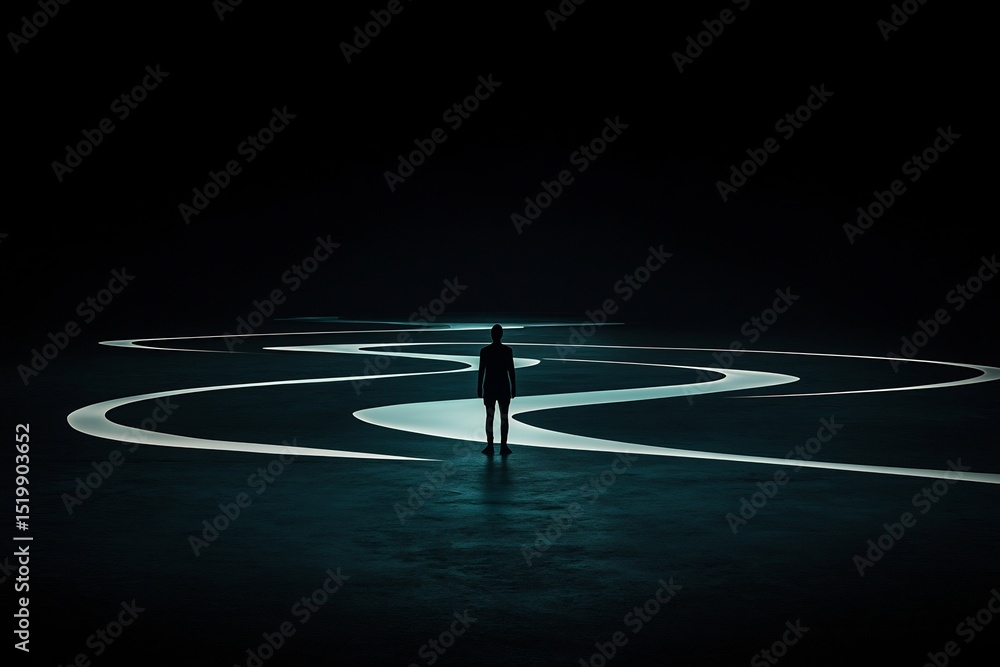 Poster decision paralysis portrayed overlapping glowing paths diverging from one figure