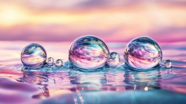 Three translucent spheres on water, reflecting a vibrant sunset sky