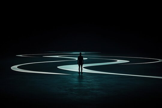 Decision paralysis portrayed overlapping glowing paths diverging from one figure