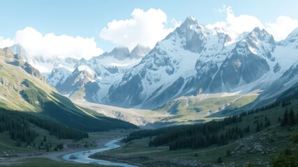 Majestic snow capped mountains rise above a valley with lush green vegetation and a winding river under a partly cloudy sky