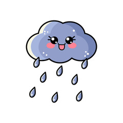 Outline kawaii funny cloud with smile happy face and falling rain drops. Cute baby character. Vector illustration isolated on white background for kids