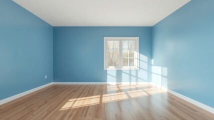 Obraz premium Empty room with light blue walls and light-colored hardwood floors basking in the warmth of natural light streaming in through a window