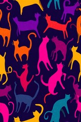 flat abstract pattern of dancing cats in vivid colors, playful and surreal silhouette design