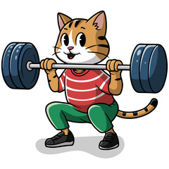 A cat animal vector character lifting weights cartoon illustration.
