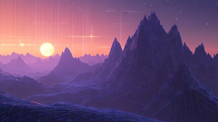 Purple sunset over a range of geometric mountains, glowing with an otherworldly light