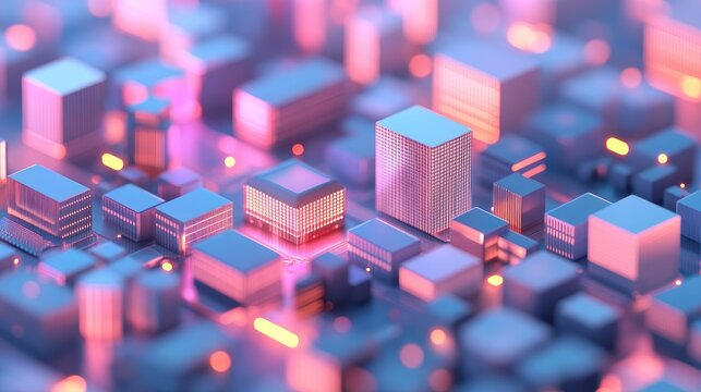 Abstract cityscape of glowing, metallic cubes in pink and purple hues