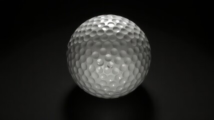 Isolated textured white sphere with concave circular dimples, casting a soft shadow against a dark grey to black gradient background