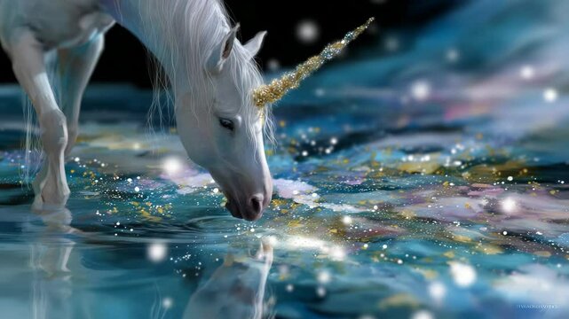 Graceful unicorn sipping from magical stream in fantasy realm