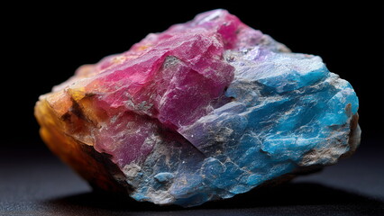 Close-up of a uniquely shaped, colorful mineral rock on a black background, detailed crystal texture, high contrast lighting, studio photography style.