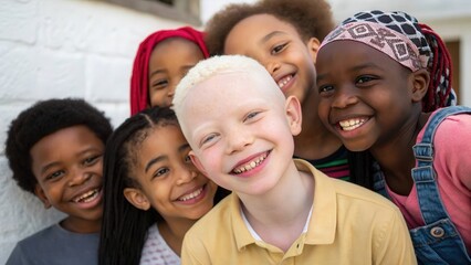 Diverse children smiling together outdoors International Albinism Awareness Day