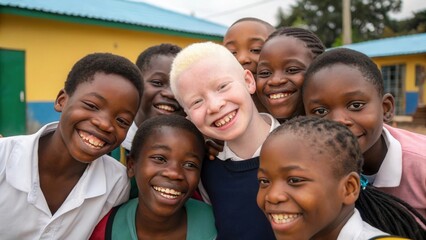 Diverse group of african children smiling and embracing friendship outdoors International Albinism Awareness Day