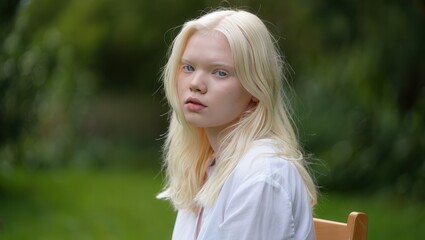 Naklejka premium Young caucasian female with blonde hair sitting outside in natural light International Albinism Awareness Day