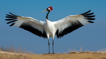 Obraz premium Red-Crowned Crane in Flight: Majestic White & Black Bird in Natural Grassland Habitat