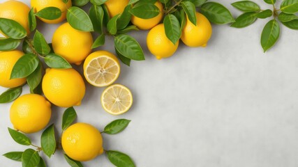 Freshly picked lemons with vibrant leaves arranged on a subtle background creating a refreshing and natural feel