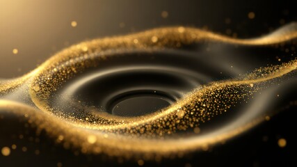 Abstract dark surface with elegant golden particles creating flowing wave pattern with depth of field