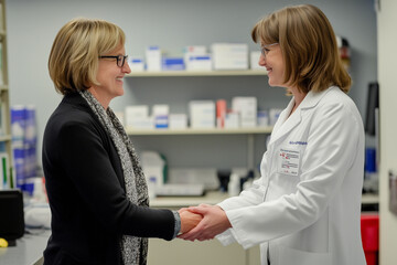 Mature woman doctor shaking hands with pharmaceutical representative at hospital