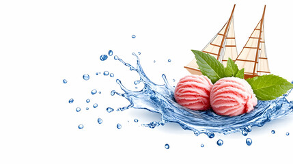 Pink ice cream scoops splashing, cut out