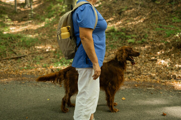 An older woman walks with her Irish Setter along a quiet forest road, surrounded by lush trees and...